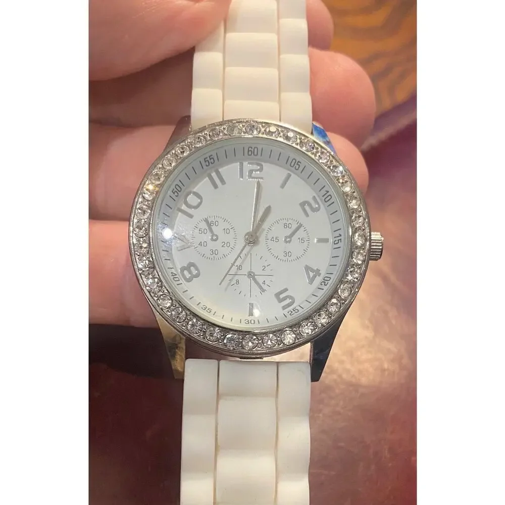 Women's 38mm silver Tone Darice watch with Crystal Accent and White Poly Band